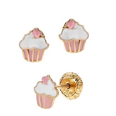 Silver earrings with pink enamel cup cakes.