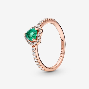 Pandora® sterling silver; 14k rose gold plated; Elevated Heart Ring; with clear cubic zirconia and green crystal.
Size 4.5