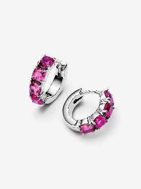 Pandora® sterling silver hoop earrings with dark pink stones.