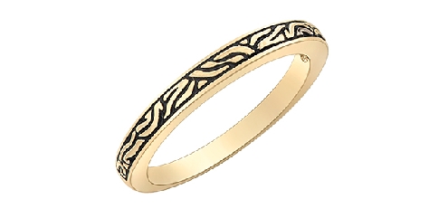 10k yellow gold ring with black etching.