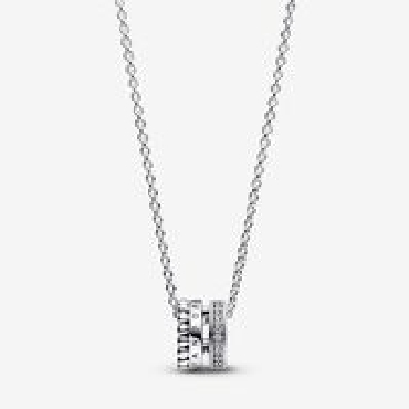 Pandora® Sterling silver signature logo pave and beads pendant and necklace with clear cubic zirconias.