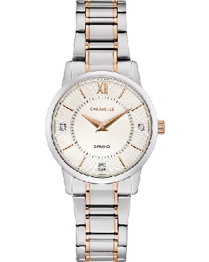Caravelle Ladies Watch.
Classic styles to take you from day to night. Stainless steel case with a silver white zoned dial with outer starburst texture featuring three diamonds and rose gold-tone hands. Two-tone rose gold-tone stainless steel integr