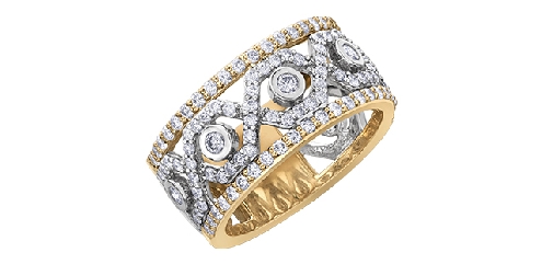 10K yellow and white gold; diamond band.
5 fancy cut diamonds: .15 carat total weight.
44 fancy cut diamonds: .43 carat total weight.
60 fancy cut diamonds: .42 carat total weight.
Canadian Certified Gold