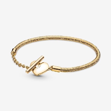 Pandora® Moments Heart; T-Bar snake chain bracelet with 14k gold plating.
Size 18cm