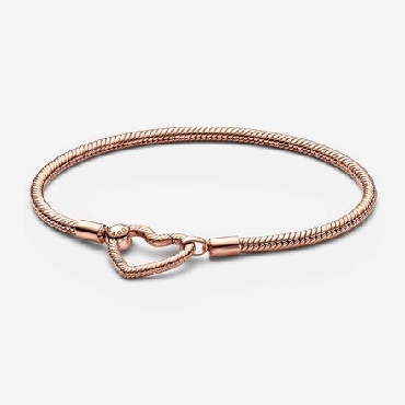 Pandora® snake chain 14k rose gold plated bracelet with heart closure.