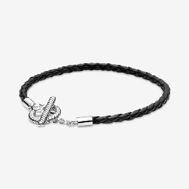 Pandora® sterling silver toggle bracelet with braided black leather.