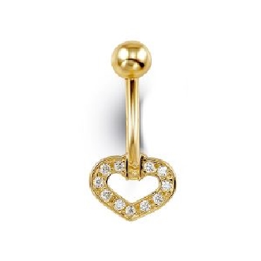 14k yellow gold; open heart belly button ring with cubic zirconias.