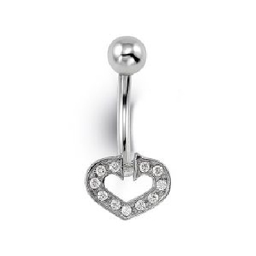 14k white gold; open heart belly button ring with cubic zirconias.