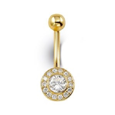 14k yellow gold belly button ring with cubic zirconias.