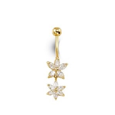 14k yellow gold; belly button ring with cubic zirconia stars.