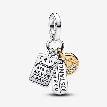 Pandora® sterling silver friendship 14k gold plated dangle with clear cubic zirconia. 
  True friends are never apart; maybe in distnace but not in the heart.