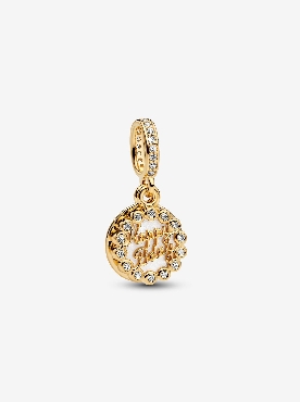 Pandora® sterling silver happy Bday 14k gold plated dangle with white bio-resin man-made mother of pearl and clear cubic zirconia.