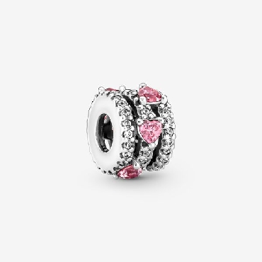 Pandora® sterling silver sparkling triple halo hearts charm with pink and clear CZ.