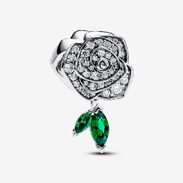 Pandora charm Sparkling rose in bloom Clear cubic zirconias and royal green man made crystals