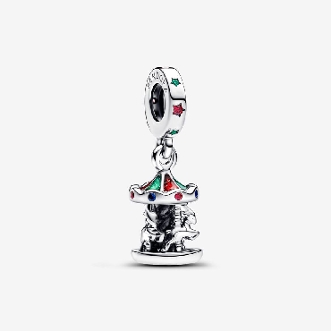 Pandora® sterling silver moveable carousel dangle with glittery red and green enamel; red cubic zirconia; green and blue crystal.