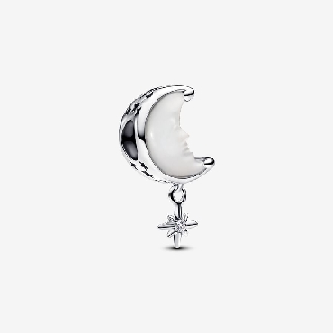 Pandora® sterling silver moon and star charm with white bioresin mother of pearl and clear cubic zirconia.