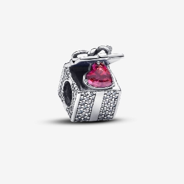 Pandora® sterling silver giftbox charm with clear and red cubic zirconia and glittery blue enamel.