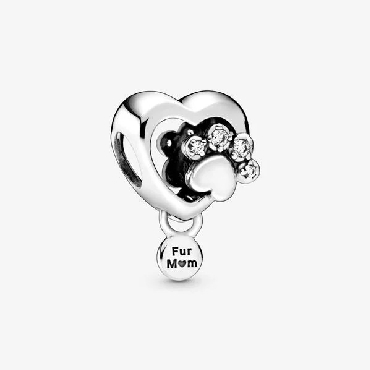 Pandora® Paw heart sterling silver charm with clear cubic zirconia.
  Fur Mom