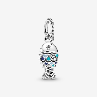 Pandora® Fish sterling silver dangle with clear cubic zirconia; true navy capri blue and pastel blue enamel.