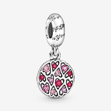 Pandora® sterling silver; Sparkling Heart Pattern Dangle with synthetic rubies and phlox pink crystals.