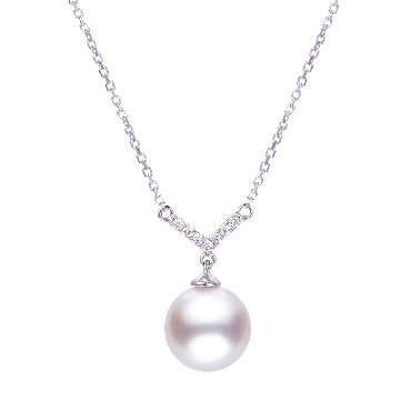 14K white gold 1618 8 85mm akoya cultured pearl and diamond V necklace 7 diamonds 0035 total carat weight