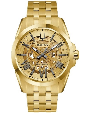 Bulova automatic mens watch.
Sutton
Gold-tone stainless steel case features an open aperture gold dial and gold-tone hands and markers. Exhibition caseback offers a glimpse of the Miyota 8N24 21-jewel automatic skeletonized movement. The gold-tone