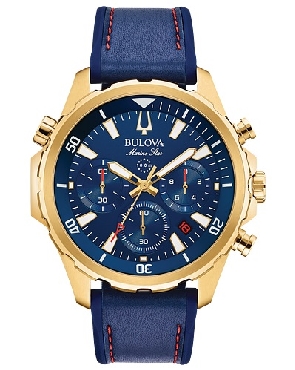Men s Bulova Watch
From the Marine Star Collection. Six-hand chronograph function with calendar; gold-tone stainless steel case with rotating dial ring to measure elapsed time; blue dial with gold-tone accents; flat mineral glass; screw-back case; b
