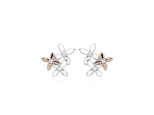 Sterling silver earrings with white cubic zirconia; rose gold and rhodium plating; polished finish.