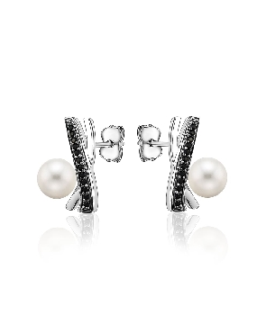 Sterling silver earrings with black nano and white fresh water pearls polished finish black and silver rhodium plating