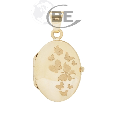 10K yellow gold; oval locket with butterflies.