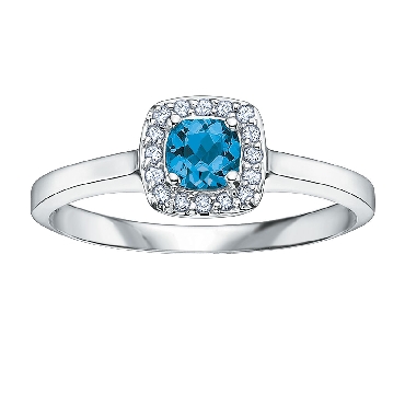 10K white gold blue topaz and diamond ring 1 blue topaz 4x4mm 16 fancy cut diamonds 072 carat Canadian Certified Gold