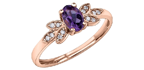 10k Rose gold Amethyst and Diamond ring 1 Amethyst 6x4mm 12 Fancy Cut Diamonds 006ct Canadian Certified Gold