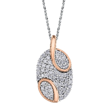 10K white and rose gold pendant
25 fancy cut diamonds: 0.25 carat
16 fancy cut diamonds: 0.128 carat
10 fancy cut diamonds: 0.07 carat
12 fancy cut diamonds: 0.06 carat
Canadian Certified Gold