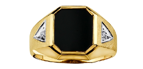 10K yellow gold onyx and diamond ring 1 onyx 12x10mm 2 fancy cut diamonds 03 carat Rhodium enhanced top Canadian Certified Gold