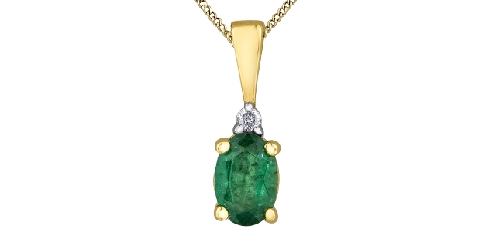 10K yellow gold emerald and diamond pendant 1 emerald 6x4mm 1 fancy cut diamond 0015 carat Canadian Certifed Gold