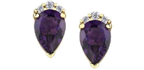 10k yellow gold amethyst and diamond studs2 Amethyst 6x4mm
2 fancy cut diamonds 0.02ct
4 fancy cut diamonds 0.02ctCanadian Certified Gold.