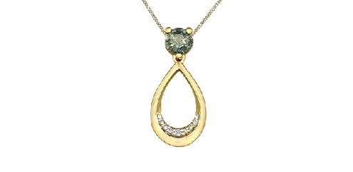 10K yellow gold; green sapphire and diamond pendant.
1 green sapphire: 5mm
1 fancy cut diamonds: 0.01 carat
8 fancy cut diamonds: 0.04 carat
Canadian Certified Gold