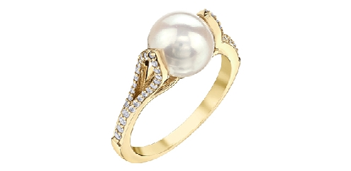 10k yellow gold pearl and diamond ring.

1 Pearl 8mm
8 Fancy Cut Diamonds 0.06ct
42 Fancy Cut Diamonds 0.0168ct

Canadian Certified Gold.