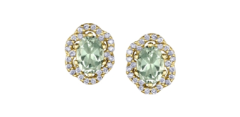 10k yellow gold green amethyst and diamond earrings 2 green amethyst 7x5mm 52 fancy cut diamonds 0312ct