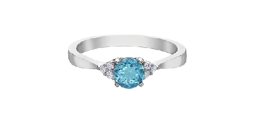 10K white gold blue topaz and diamond ring 1 Blue Topaz 5mm 6 fancy cut diamonds 06 carat total Canadian Certified Gold