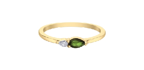 10k yellow gold green tourmaline and diamond ring1 green tourmaline 2mm1 pearl shaped diamond 0.05ct.