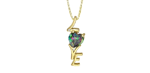 10k yellow gold mystic topaz LOVE pendant.

1 mystic topaz 7x7mm
1 fancy cut diamond 0.005ct