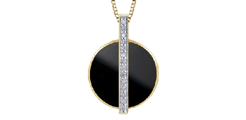 10K yellow gold onyx and diamond pendant.
2 onyx: 12.5 x 6.25mm
14 fancy cut diamonds: .07 carat total weight
Canadian Certified Gold