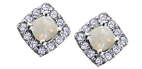 10k white gold Opal and Diamond Earrings 2 opals 3x3mm 24 fancy cut diamonds 12 total diamond weight Canadian Certified Gold
