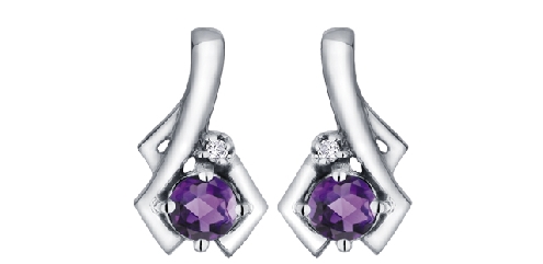 10K white gold; amethyst and diamond earrings.
2 amethysts: 3mm
2 diamonds: .007 carat
Canadian Certified Gold