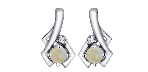 10K white gold; opal and diamond earrings.
2 opals: 3mm
2 diamonds: .007 carat
Canadian Certified Gold