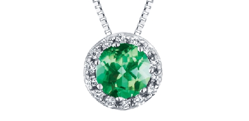 10K white gold; emerald and diamond pendant.
Emerald: 5mm
14 diamonds: .07ct
Canadian Certified Gold