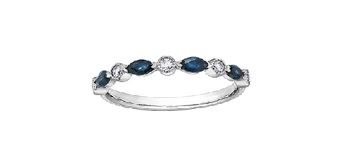 10K white gold sapphire and diamond ring.
4 sapphires: 4x2mm
5 fancy cut diamonds: .10 carat
Canadian Certified Gold