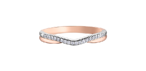 10K rose and white gold diamond band.
20 fancy cut diamonds: .10 carat
Canadian Certified Gold