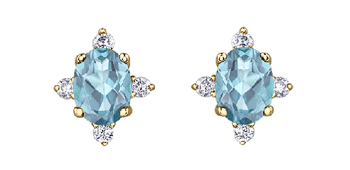 10k yellow gold diamond and aquamarine studs 2 aquamarine 4x3mm 8 fancy cut diamonds 004ct